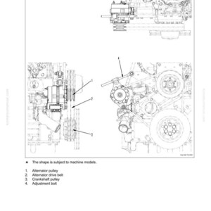 May include: Diagram of an engine with labels for alternator pulley, drive belt, crankshaft pulley, and adjustment bolt. Text at the top reads "10 Structure, function and maintenance standard". The image is a technical illustration.
