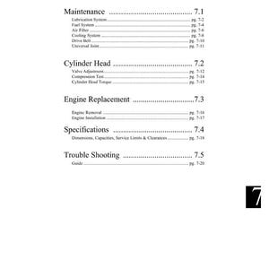 Pode incluir: Uma p&aacute;gina branca de um manual intitulado "SECTION 7 ENGINE". A tabela de conte&uacute;do inclui se&ccedil;&otilde;es sobre manuten&ccedil;&atilde;o, cabe&ccedil;ote, substitui&ccedil;&atilde;o do motor, especifica&ccedil;&otilde;es e solu&ccedil;&atilde;o de problemas. Os n&uacute;meros das p&aacute;ginas s&atilde;o listados ao lado de cada se&ccedil;&atilde;o.