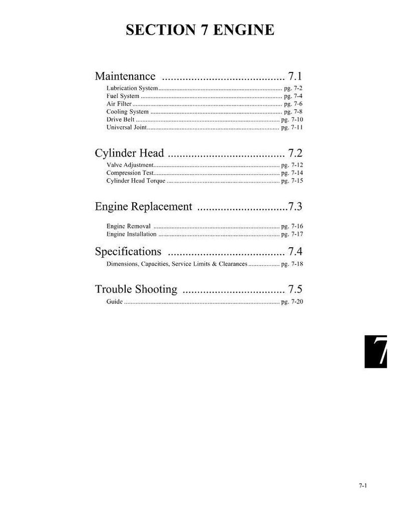 Pode incluir: Uma p&aacute;gina branca de um manual intitulado "SECTION 7 ENGINE". A tabela de conte&uacute;do inclui se&ccedil;&otilde;es sobre manuten&ccedil;&atilde;o, cabe&ccedil;ote, substitui&ccedil;&atilde;o do motor, especifica&ccedil;&otilde;es e solu&ccedil;&atilde;o de problemas. Os n&uacute;meros das p&aacute;ginas s&atilde;o listados ao lado de cada se&ccedil;&atilde;o.