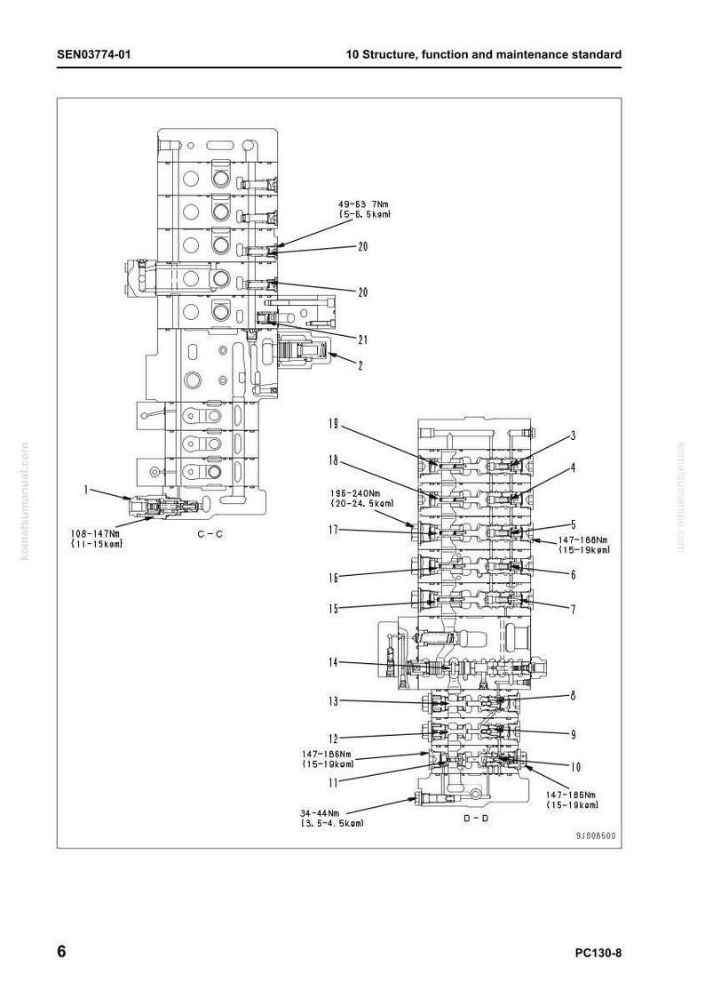 May include: Diagram of a mechanical component with detailed technical annotations, including measurements in Nm and kpm. The image features multiple views and labels, with the text "10 Structure, function and maintenance standard".