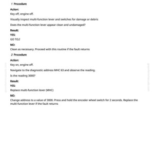 May include: A white document with the title "MHC 516856.07 - Multi-Function Lever - Encoder Wheel." The text describes procedures for troubleshooting an encoder wheel switch, including actions and results. The document includes the website greenhammanuals.com.