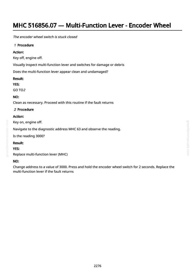 May include: A white document with the title "MHC 516856.07 - Multi-Function Lever - Encoder Wheel." The text describes procedures for troubleshooting an encoder wheel switch, including actions and results. The document includes the website greenhammanuals.com.