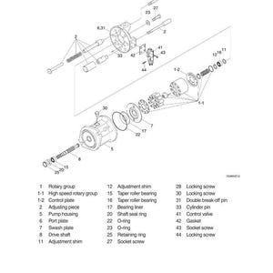 May include: An exploded diagram of a main pump assembly, labeled for a loader. The image shows various mechanical components, including screws, bearings, and plates, with a detailed parts list.