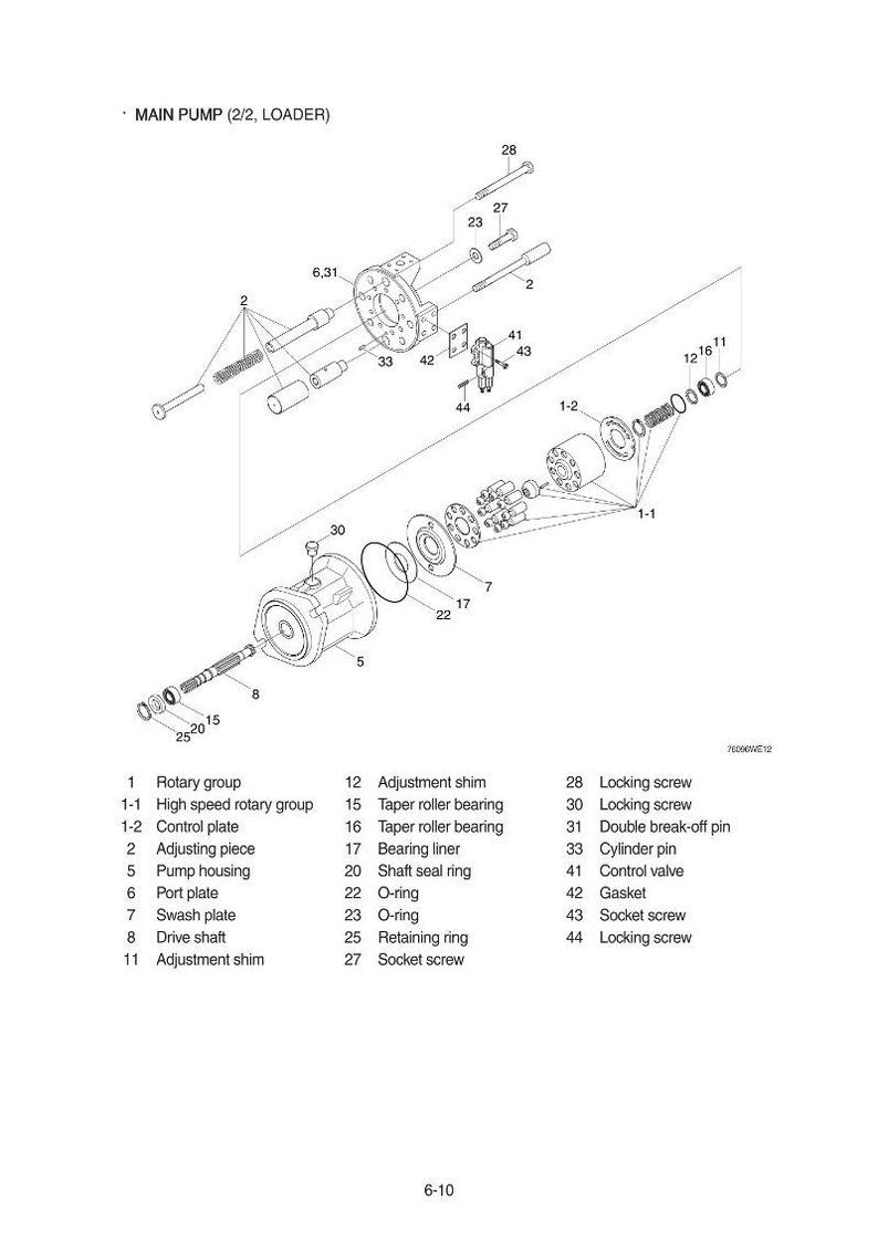 May include: An exploded diagram of a main pump assembly, labeled for a loader. The image shows various mechanical components, including screws, bearings, and plates, with a detailed parts list.