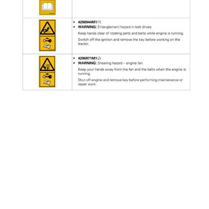 Pu&ograve; includere: Documento bianco con istruzioni di sicurezza e simboli di avvertimento. Il documento include avvisi su incendi, rischi di intrappolamento nelle cinghie di trasmissione e rischi di taglio relativi alla ventola del motore. Il testo include istruzioni di sicurezza.