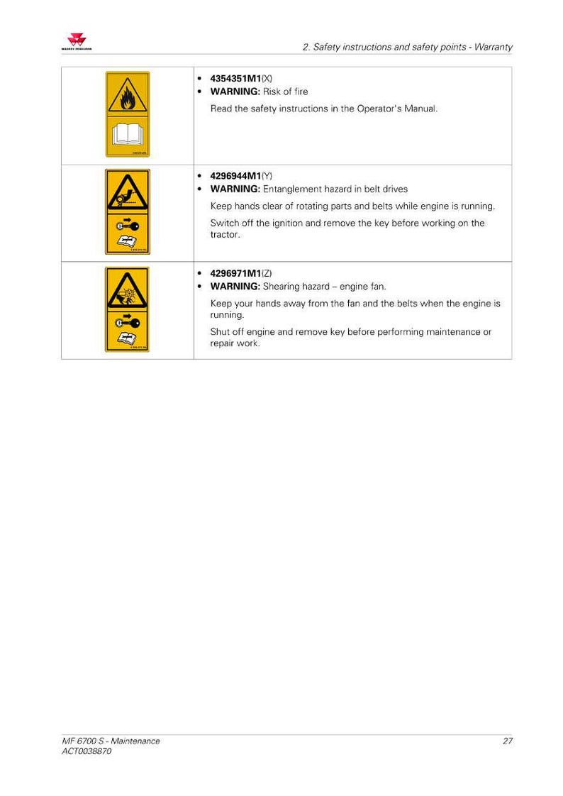 Pu&ograve; includere: Documento bianco con istruzioni di sicurezza e simboli di avvertimento. Il documento include avvisi su incendi, rischi di intrappolamento nelle cinghie di trasmissione e rischi di taglio relativi alla ventola del motore. Il testo include istruzioni di sicurezza.