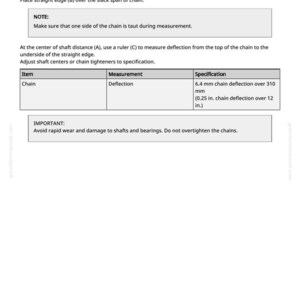 May include: A technical diagram with instructions for measuring chain deflection. The text includes a legend, notes, and specifications for chain measurement, including 0.25 inches of deflection over 12 inches. The diagram is on a white background.