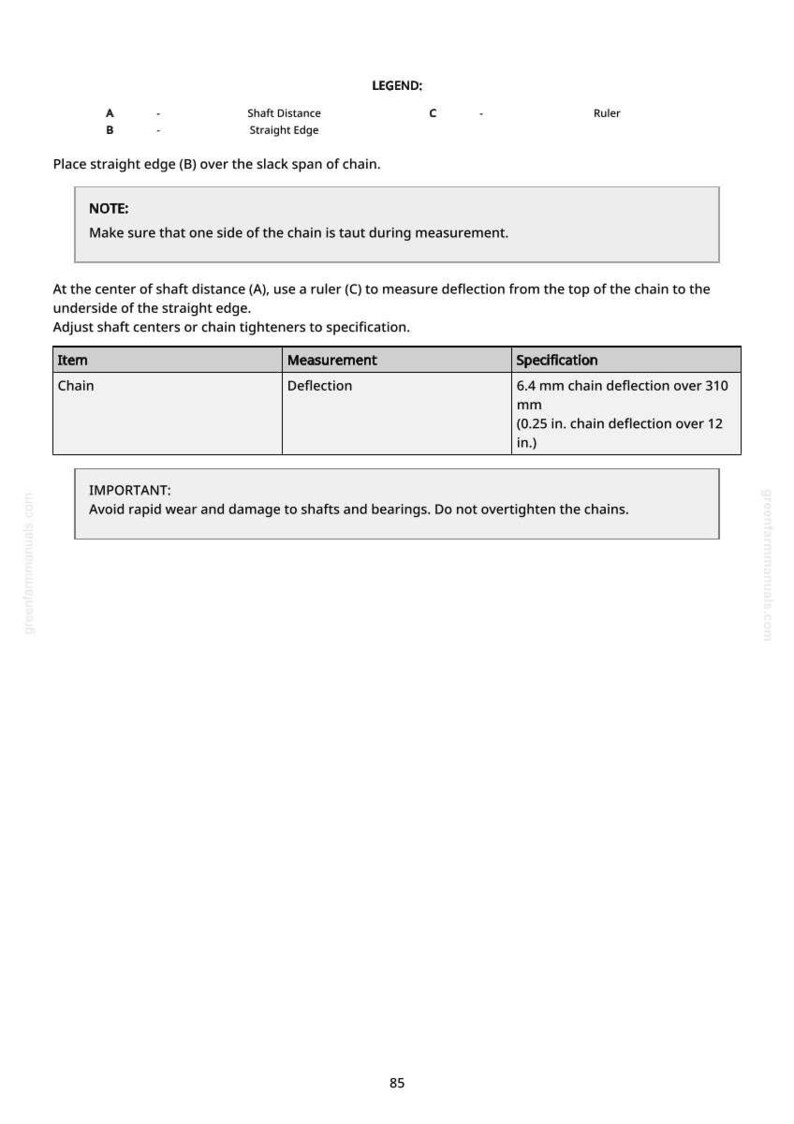May include: A technical diagram with instructions for measuring chain deflection. The text includes a legend, notes, and specifications for chain measurement, including 0.25 inches of deflection over 12 inches. The diagram is on a white background.