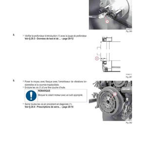 Puede incluir: P&aacute;ginas de un manual t&eacute;cnico con diagramas e im&aacute;genes de componentes de motor. Primeros planos muestran pernos, un volante y otras piezas mec&aacute;nicas. El texto en franc&eacute;s proporciona instrucciones de montaje y mantenimiento.
