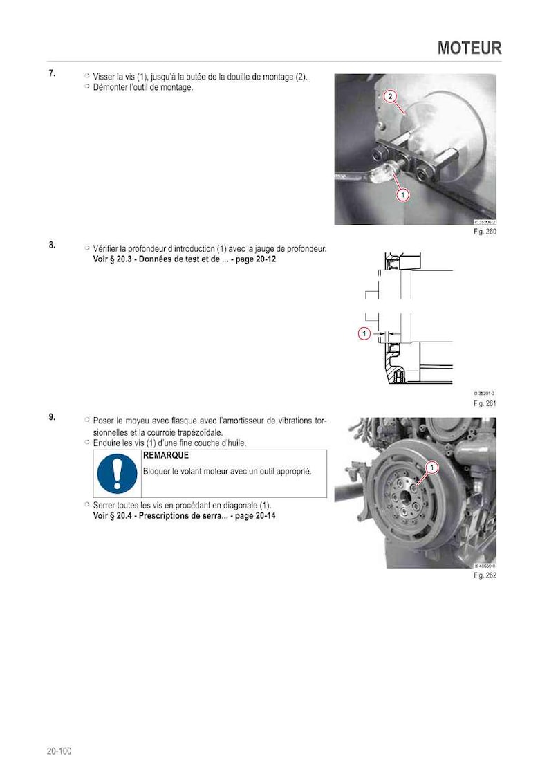 Puede incluir: P&aacute;ginas de un manual t&eacute;cnico con diagramas e im&aacute;genes de componentes de motor. Primeros planos muestran pernos, un volante y otras piezas mec&aacute;nicas. El texto en franc&eacute;s proporciona instrucciones de montaje y mantenimiento.