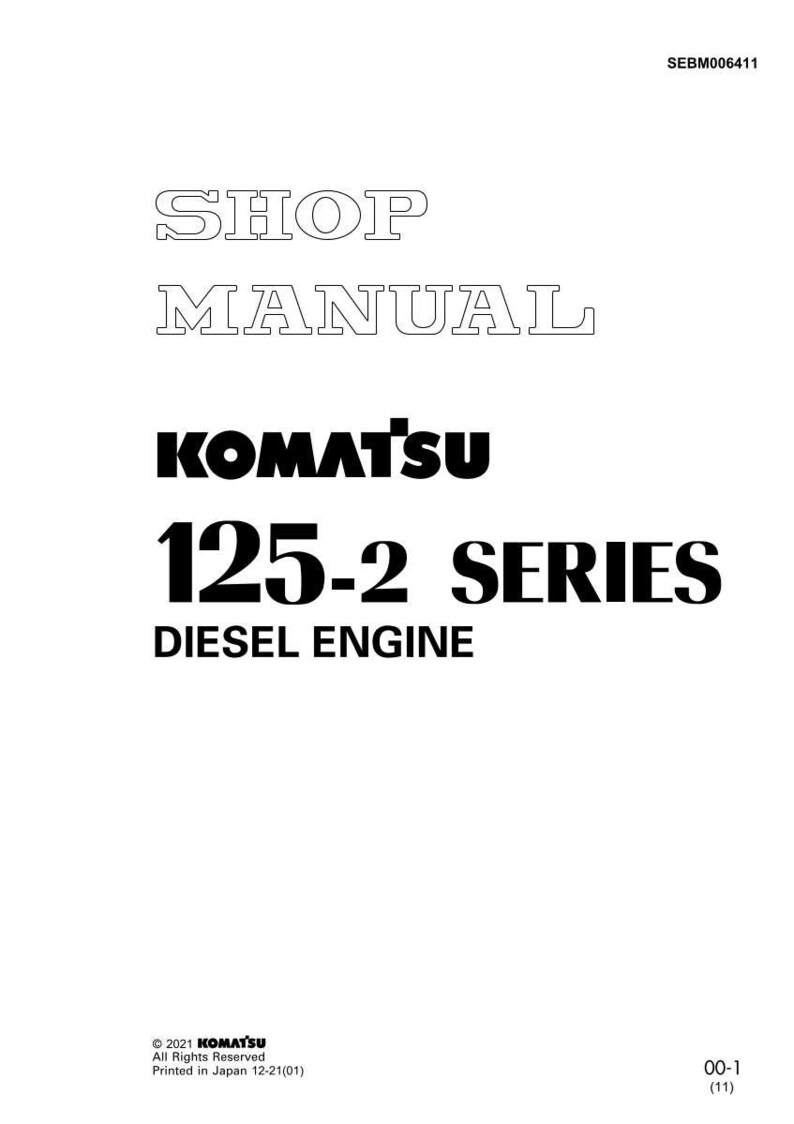 May include: A white shop manual cover with the text "SHOP MANUAL" in a hollow font. Below, the black "KOMATSU" logo is displayed, followed by "125-2 SERIES DIESEL ENGINE". The document is marked with "SEBM006411".