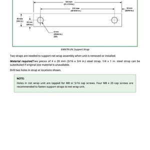 May include: Diagram of a support strap, labeled DFEX1874A, with dimensions in inches and millimeters. The strap has two holes and is 21-1/16 inches long. Text provides material requirements and installation notes.