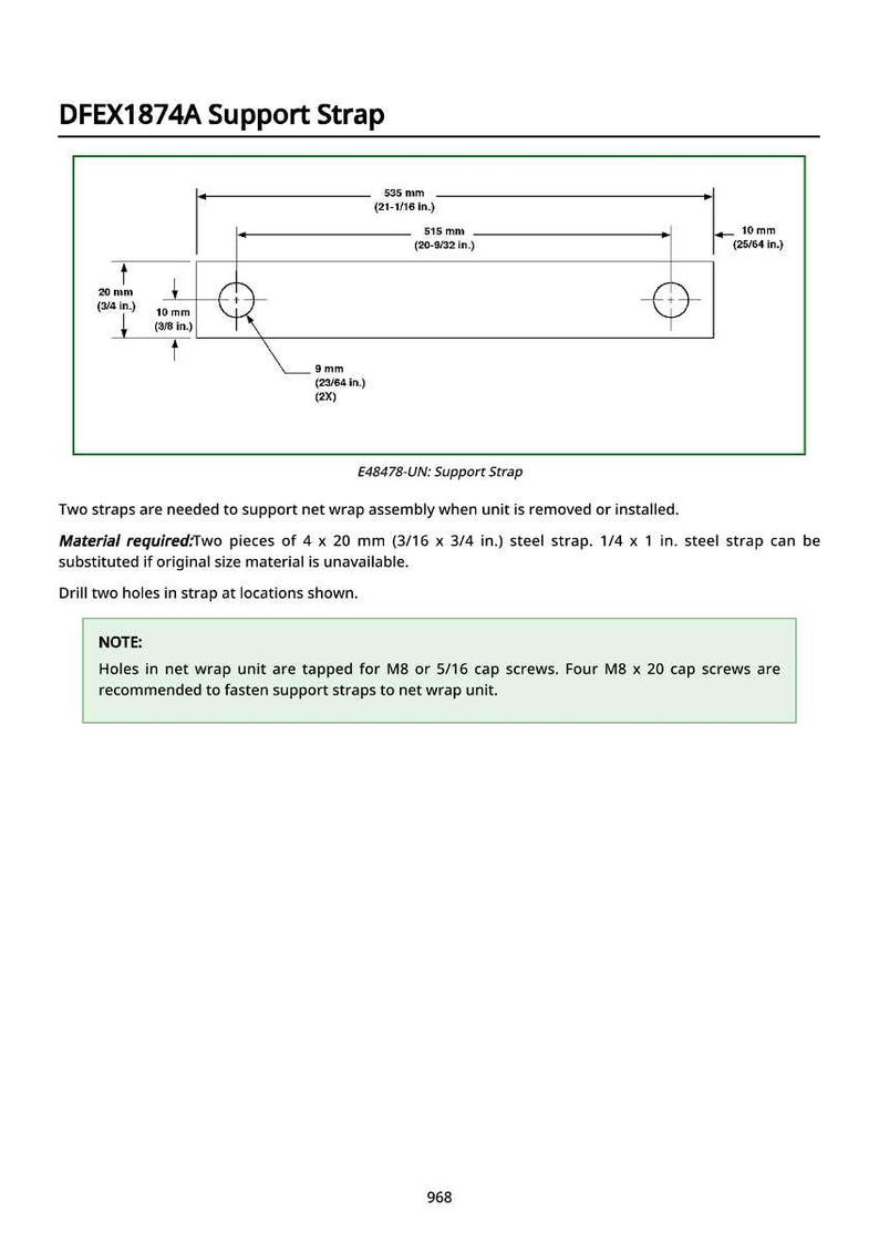 May include: Diagram of a support strap, labeled DFEX1874A, with dimensions in inches and millimeters. The strap has two holes and is 21-1/16 inches long. Text provides material requirements and installation notes.