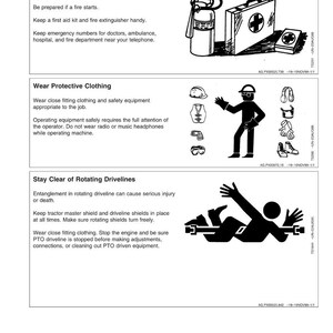 Pode incluir: P&aacute;gina de instru&ccedil;&otilde;es de seguran&ccedil;a com ilustra&ccedil;&otilde;es. Inclui um extintor, um kit de primeiros socorros e uma pessoa com equipamento de prote&ccedil;&atilde;o. Mostra tamb&eacute;m uma pessoa enredada em m&aacute;quinas.