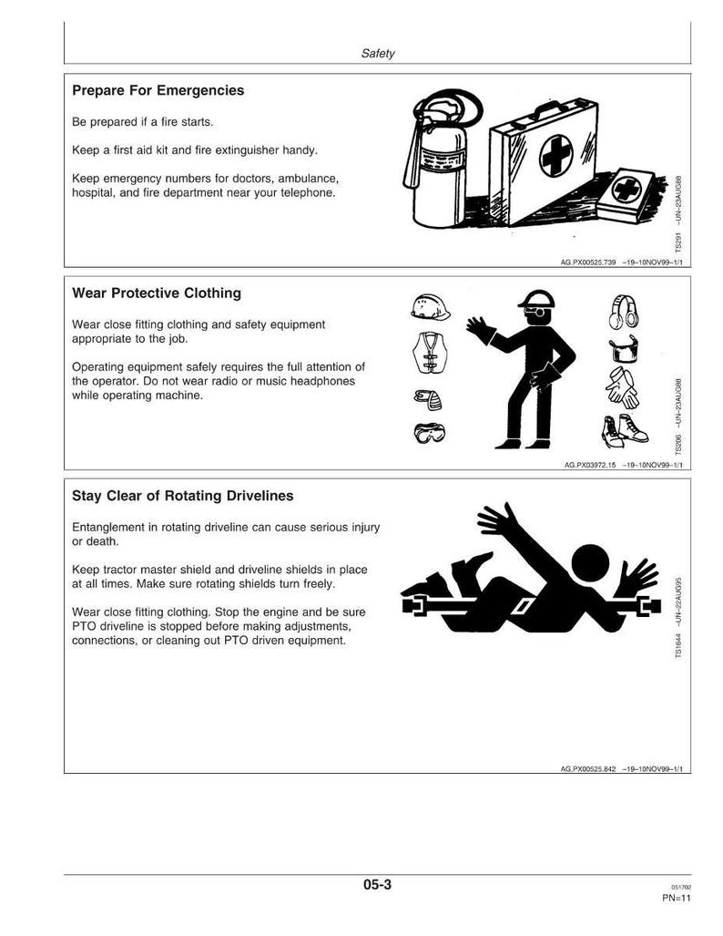 Pode incluir: P&aacute;gina de instru&ccedil;&otilde;es de seguran&ccedil;a com ilustra&ccedil;&otilde;es. Inclui um extintor, um kit de primeiros socorros e uma pessoa com equipamento de prote&ccedil;&atilde;o. Mostra tamb&eacute;m uma pessoa enredada em m&aacute;quinas.