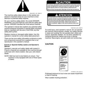May include: A page from an operator's manual with safety labels and text. The labels include the words "CAUTION," "DANGER," and "WARNING." The manual provides instructions on avoiding injury and the importance of safety devices.