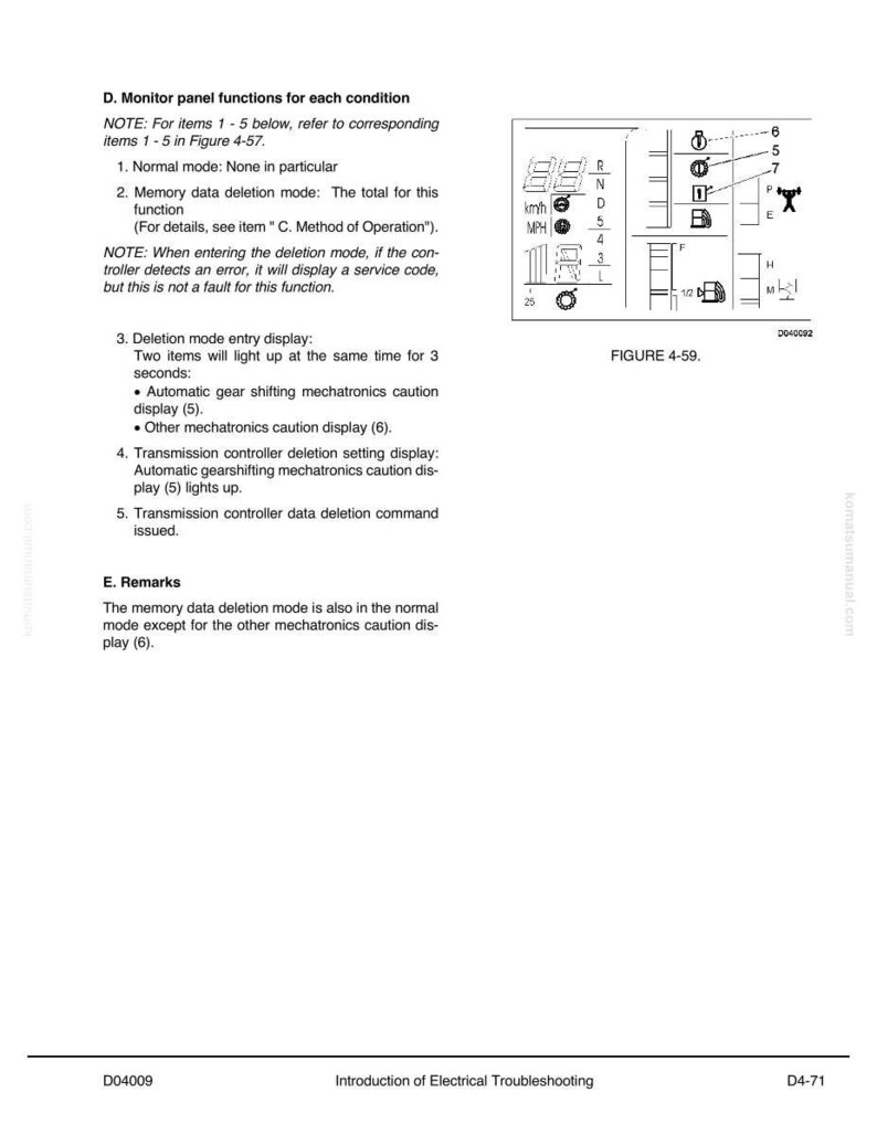 K&ouml;nnte beinhalten: Eine Manuellseite mit Text und Diagrammen, die Monitorfeld-Funktionen detailliert beschreiben. Der Text erkl&auml;rt Normal- und L&ouml;schmodi. Diagramme zeigen Symbole und eine Digitalanzeige mit km/h- und MPH-Werten.