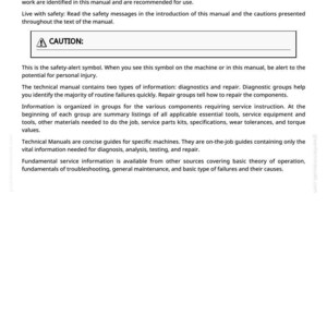 May include: A technical manual page with the heading "Foreword". The text includes safety warnings, diagnostic and repair information, and a "CAUTION" symbol. The page is white with black text and a small footer with the number 14.