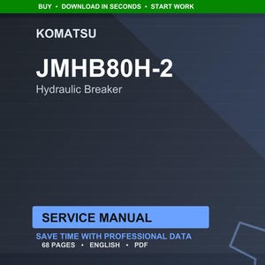 K&ouml;nnte beinhalten: Digitales Servicehandbuch f&uuml;r einen Komatsu JMHB80H-2 Hydraulikhammer. Das Cover ist dunkelblau mit wei&szlig;em Text, der "KOMATSU", "JMHB80H-2" und "Hydraulic Breaker" lautet. Das Handbuch hat 68 Seiten und ist in englischer Sprache.
