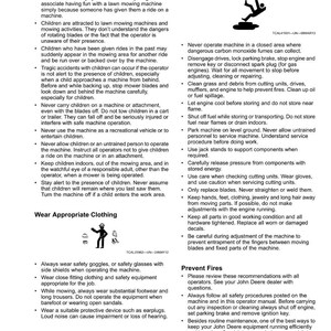 May include: A page from a safety manual with the title "Safety." The manual provides instructions on protecting children, maintenance, storage, and wearing appropriate clothing while operating machinery. Includes illustrations of safety symbols.