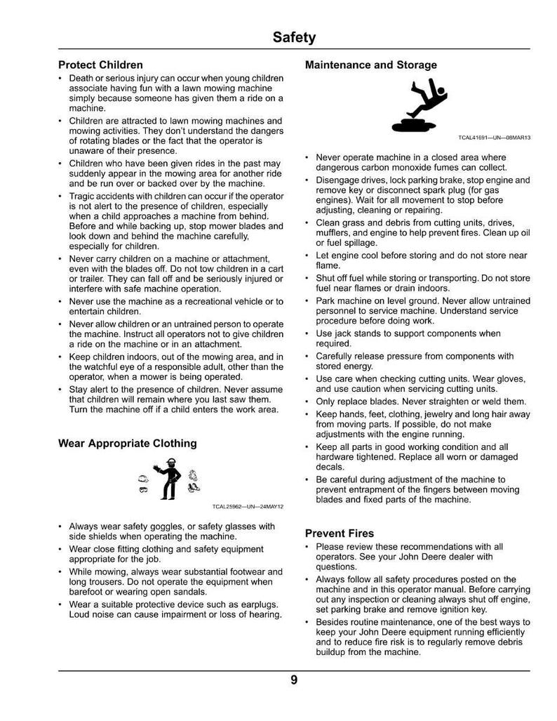 May include: A page from a safety manual with the title "Safety." The manual provides instructions on protecting children, maintenance, storage, and wearing appropriate clothing while operating machinery. Includes illustrations of safety symbols.