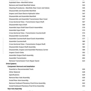 Puede incluir: Una p&aacute;gina blanca con una lista de procedimientos de reparaci&oacute;n de autom&oacute;viles y sus n&uacute;meros de p&aacute;gina correspondientes. El texto incluye t&eacute;rminos como "Montaje de la transmisi&oacute;n" y "Montaje del eje trasero".