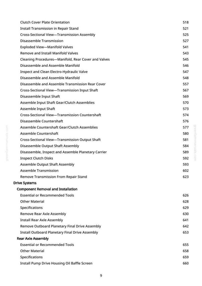 Puede incluir: Una p&aacute;gina blanca con una lista de procedimientos de reparaci&oacute;n de autom&oacute;viles y sus n&uacute;meros de p&aacute;gina correspondientes. El texto incluye t&eacute;rminos como "Montaje de la transmisi&oacute;n" y "Montaje del eje trasero".