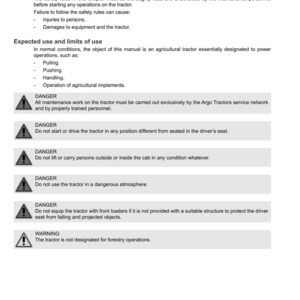 Puede incluir: Un manual blanco con texto negro que detalla la seguridad y el uso del tractor, incluidas advertencias sobre operaciones peligrosas y mantenimiento. El logotipo de Argo Tractors est&aacute; en la parte superior.