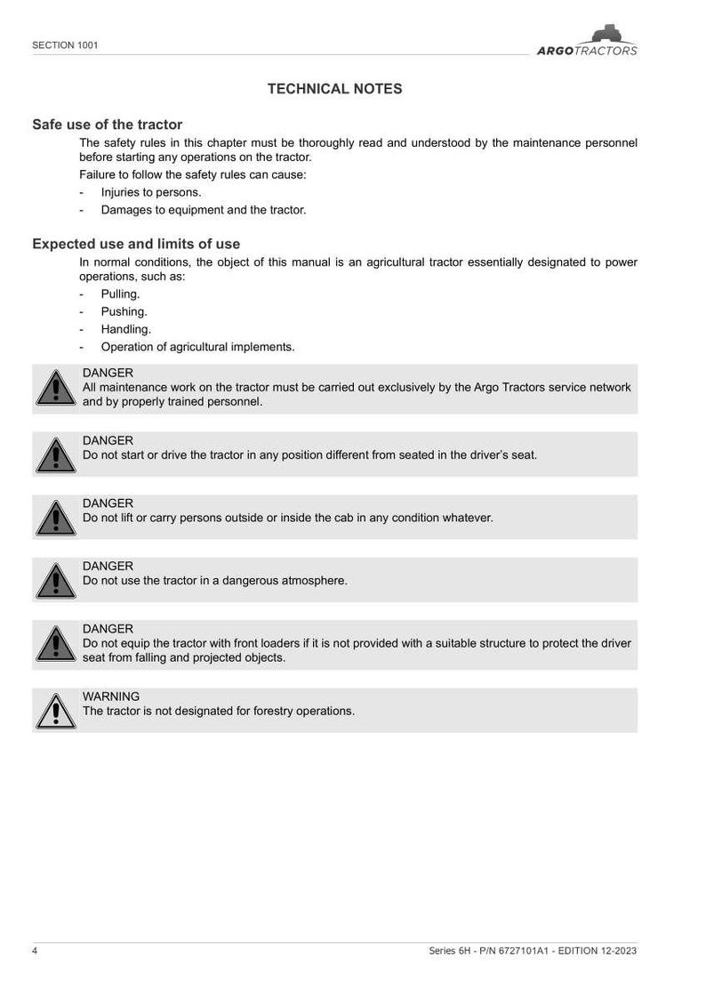 Puede incluir: Un manual blanco con texto negro que detalla la seguridad y el uso del tractor, incluidas advertencias sobre operaciones peligrosas y mantenimiento. El logotipo de Argo Tractors est&aacute; en la parte superior.