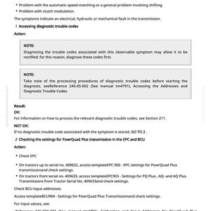 May include: A page from a manual detailing troubleshooting steps for a PowrQuad Plus transmission. The text includes symptoms, diagnostic steps, and settings checks. The page is white with black text and includes a section on accessing diagnostic trouble codes.