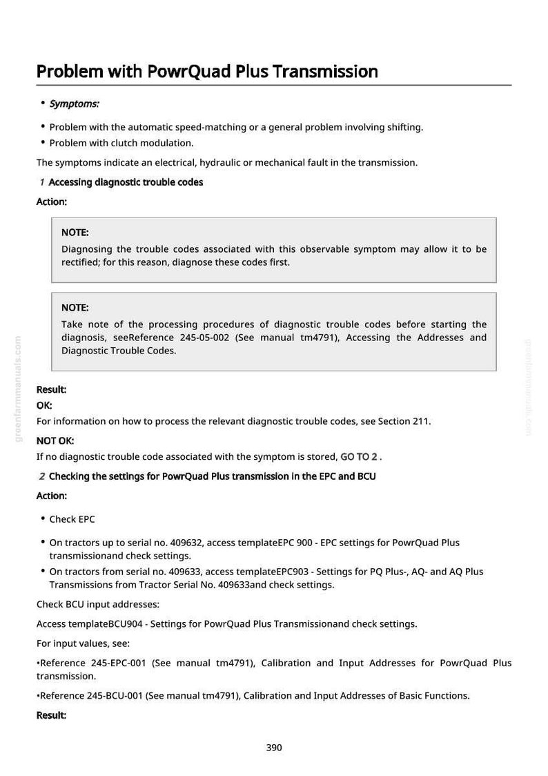 May include: A page from a manual detailing troubleshooting steps for a PowrQuad Plus transmission. The text includes symptoms, diagnostic steps, and settings checks. The page is white with black text and includes a section on accessing diagnostic trouble codes.