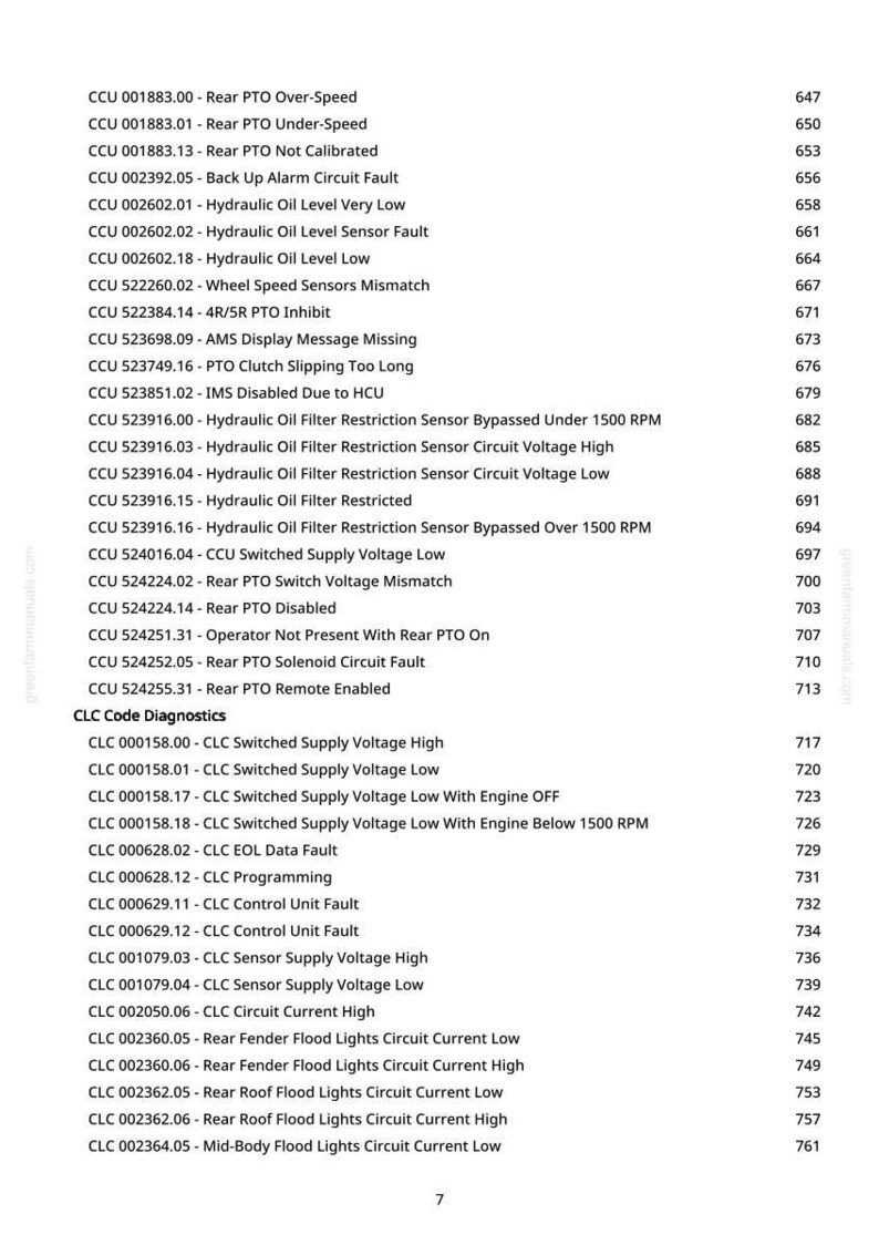 May include: A list of diagnostic codes, including CCU and CLC codes, with corresponding descriptions and numerical values. The text is in a sans-serif font on a white background. The codes cover various system faults.