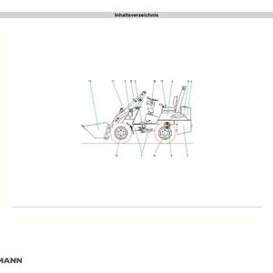 Puede incluir: Diagrama t&eacute;cnico de una cargadora de ruedas compacta Weidemann 1230, que muestra varios componentes etiquetados con n&uacute;meros. La cargadora se representa de perfil, con un cuchar&oacute;n, ruedas y asiento del operador. El texto "Inhaltsverzeichnis" est&aacute; en la parte superior.