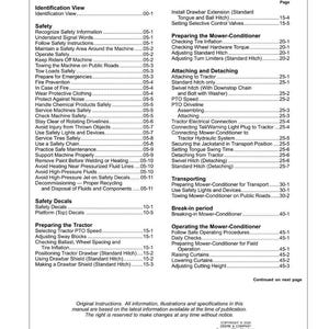 May include: A printed manual page titled "Contents" with a table of contents for a machine. The table lists safety, operation, and maintenance topics, including tire inflation and safety decals.