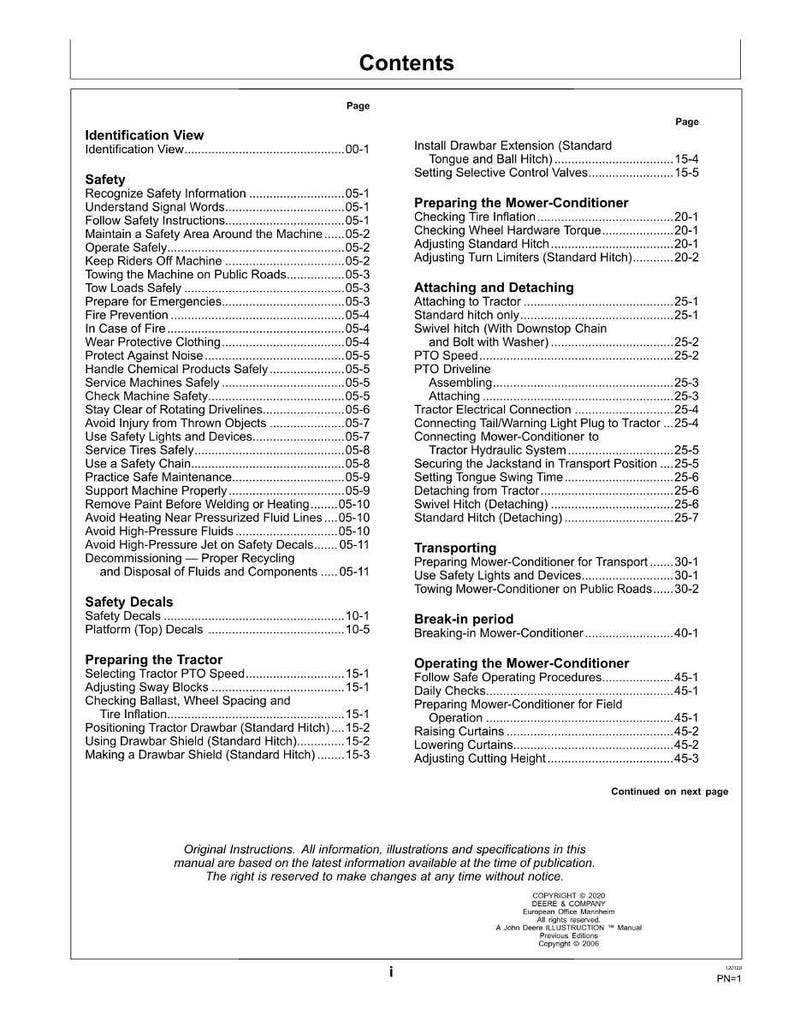 May include: A printed manual page titled "Contents" with a table of contents for a machine. The table lists safety, operation, and maintenance topics, including tire inflation and safety decals.