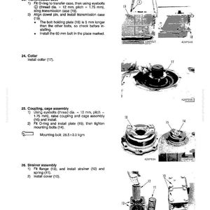 May include: A technical diagram from a manual, detailing the disassembly and assembly of mechanical components. The image includes numbered steps, diagrams, and measurements, such as a 60 mm bolt. The text includes instructions for installing parts like the transmission case and strainer assembly.