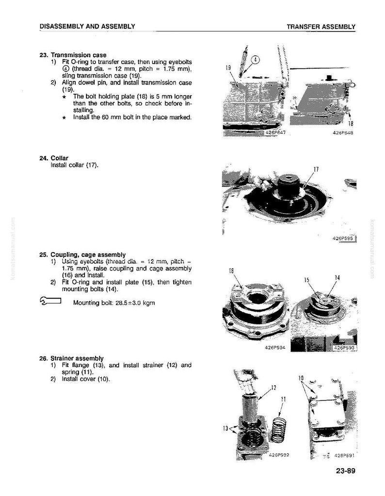 May include: A technical diagram from a manual, detailing the disassembly and assembly of mechanical components. The image includes numbered steps, diagrams, and measurements, such as a 60 mm bolt. The text includes instructions for installing parts like the transmission case and strainer assembly.