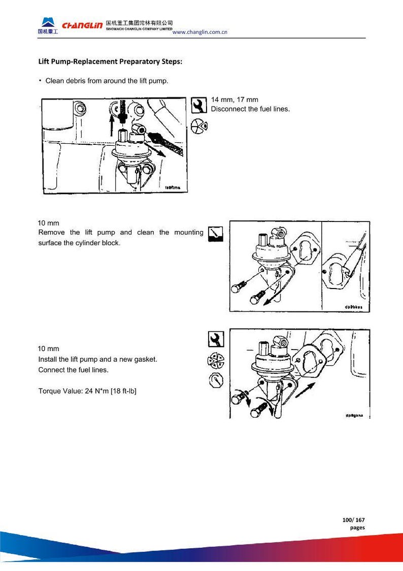 May include: Diagram of lift pump replacement preparatory steps. Instructions include cleaning debris, disconnecting fuel lines, removing the pump, cleaning the cylinder block, installing the pump and gasket, and connecting fuel lines. Torque value is 24 N*m [18 ft-lb].
