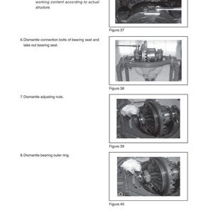 May include: Technical diagram with step-by-step instructions for front axle disassembly. Includes close-up images of mechanical components, bolts, and gears. Text instructions detail each step, including dismantling bolts and removing parts.