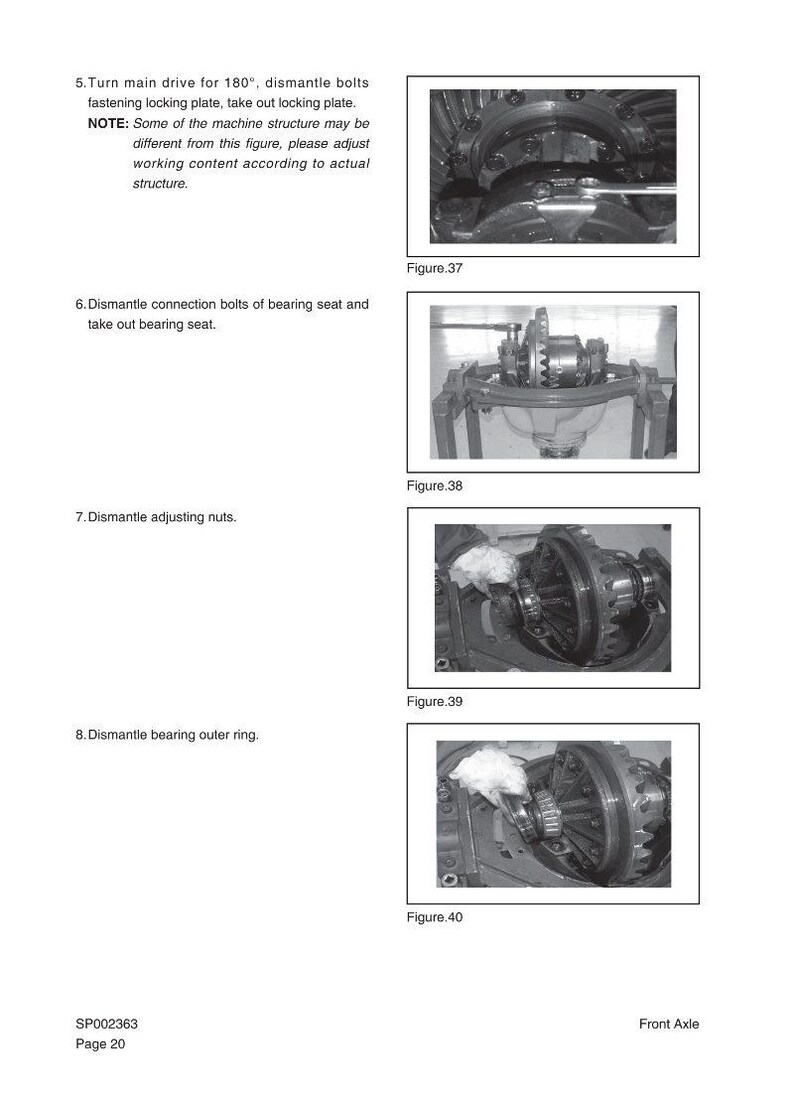 May include: Technical diagram with step-by-step instructions for front axle disassembly. Includes close-up images of mechanical components, bolts, and gears. Text instructions detail each step, including dismantling bolts and removing parts.