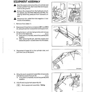 May include: A page from a manual detailing the disassembly and assembly of work equipment. The text includes instructions for removing the work equipment assembly, with diagrams illustrating each step. The assembly weighs 150 kg.