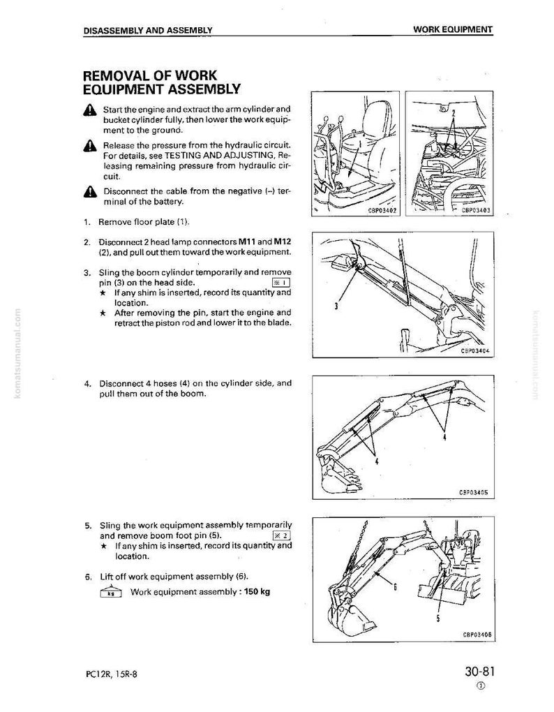 May include: A page from a manual detailing the disassembly and assembly of work equipment. The text includes instructions for removing the work equipment assembly, with diagrams illustrating each step. The assembly weighs 150 kg.