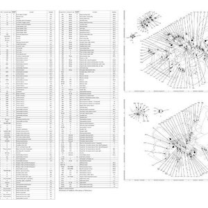 May include: A detailed technical drawing with multiple sections. The left side features a long list of text and numbers. The right side shows several isometric diagrams with lines and shapes, likely for engineering or architectural purposes.