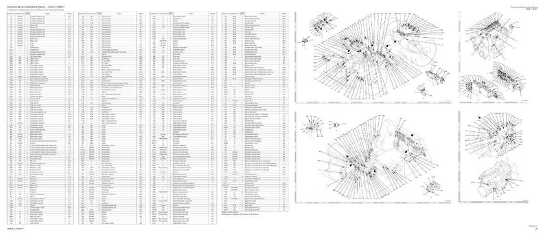 May include: A detailed technical drawing with multiple sections. The left side features a long list of text and numbers. The right side shows several isometric diagrams with lines and shapes, likely for engineering or architectural purposes.