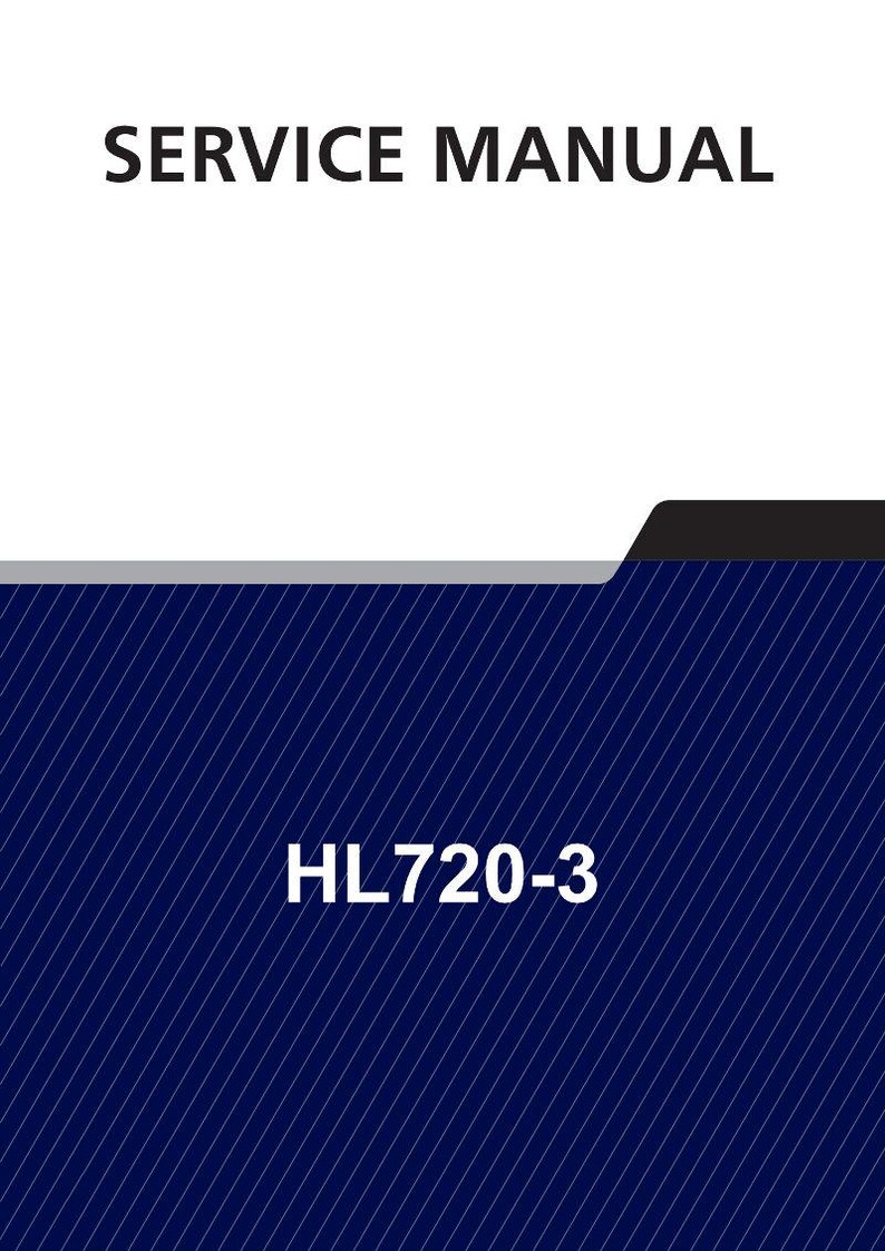 May include: A service manual with the title "SERVICE MANUAL" in bold, black font. The background is white at the top, transitioning to a dark blue with diagonal white lines. The text "HL720-3" is in white.