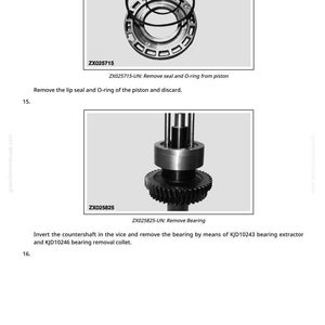 K&ouml;nnte beinhalten: Technische Zeichnung mit mechanischen Komponenten. Das Bild enth&auml;lt eine detaillierte Ansicht eines Kolbens mit Dichtungen und einem O-Ring, gekennzeichnet mit ZX025715. Eine weitere Ansicht zeigt eine Lagereinheit, gekennzeichnet mit ZX025825, mit Ausbauanweisungen.