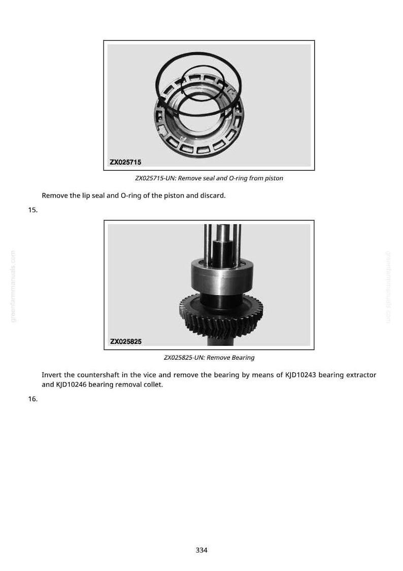 K&ouml;nnte beinhalten: Technische Zeichnung mit mechanischen Komponenten. Das Bild enth&auml;lt eine detaillierte Ansicht eines Kolbens mit Dichtungen und einem O-Ring, gekennzeichnet mit ZX025715. Eine weitere Ansicht zeigt eine Lagereinheit, gekennzeichnet mit ZX025825, mit Ausbauanweisungen.