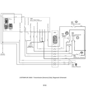 Puede incluir: Diagrama esquem&aacute;tico en blanco y negro de un sistema de transmisi&oacute;n, con sensores, conectores y etiquetas. El diagrama incluye texto como "GROUND CAB" y "SENSOR OIL FILTER".