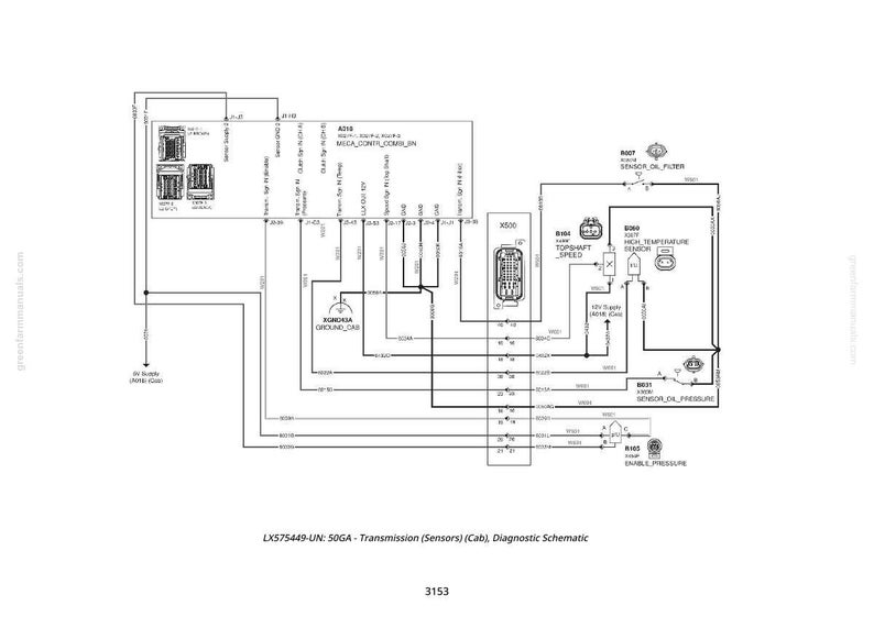 Puede incluir: Diagrama esquem&aacute;tico en blanco y negro de un sistema de transmisi&oacute;n, con sensores, conectores y etiquetas. El diagrama incluye texto como "GROUND CAB" y "SENSOR OIL FILTER".