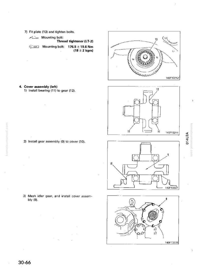 May include: Technical diagram with assembly instructions. Includes illustrations of parts like plates, gears, and bearings. Text details mounting bolt specifications in Newton meters and kilogram-meters. Page number 30-66.